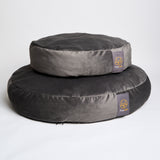 Washable round dog bed in dark grey velvet