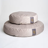 Large and small dog beds in light grey velvet