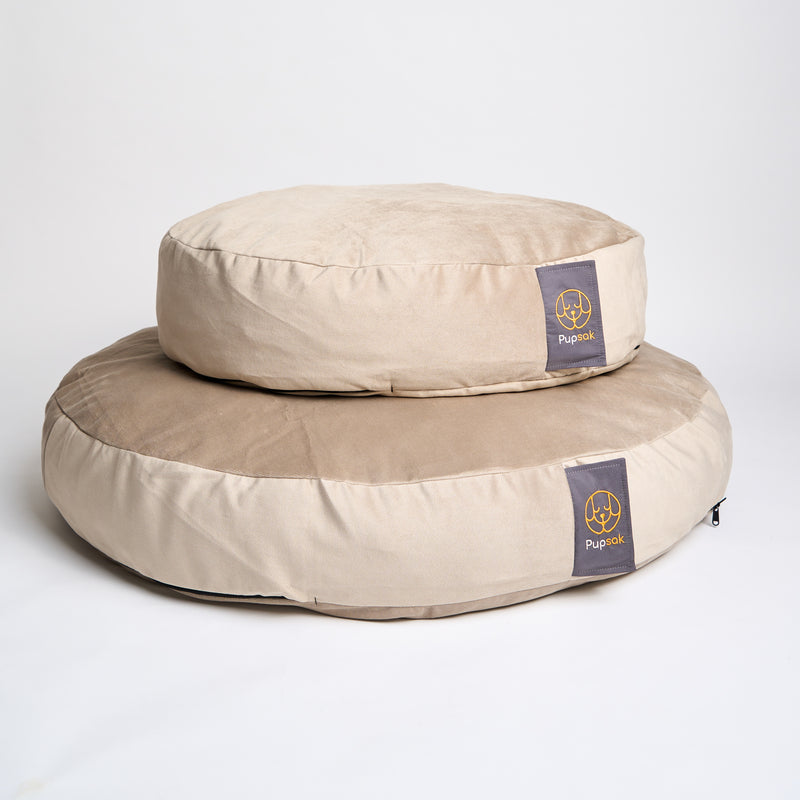 Comfy round dog beds in stone velvet