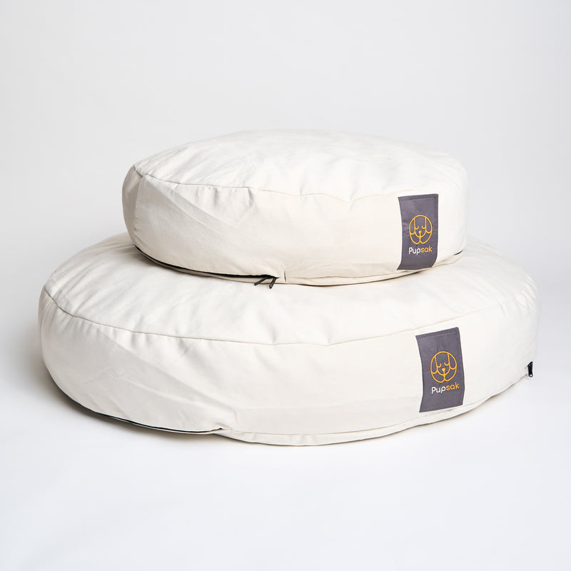 Luxury large and small dog beds in creme velvet