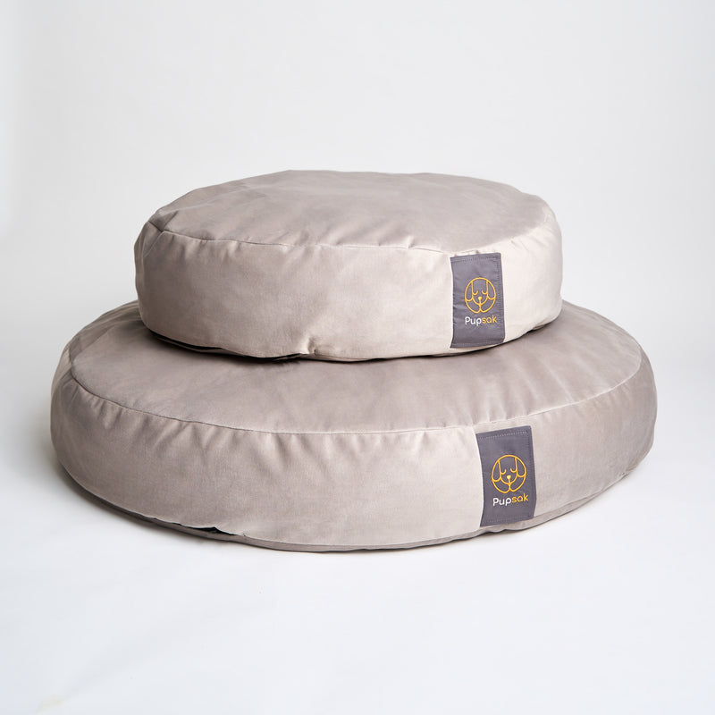 Big and small round dog bed in light grey velvet